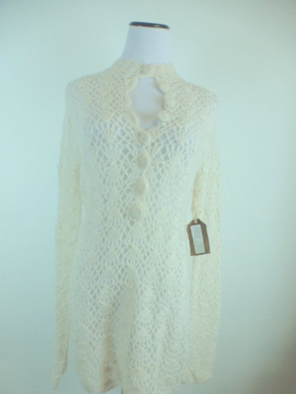 GOLD HAWK blush cream sheer CROCHET LONG SWEATER TUNIC Top NWT M